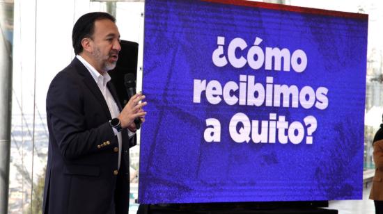 El alcalde electo de Quito, Pabel Muñoz, el 10 de mayo de 2023, durante la presentación de su equipo de trabajo.