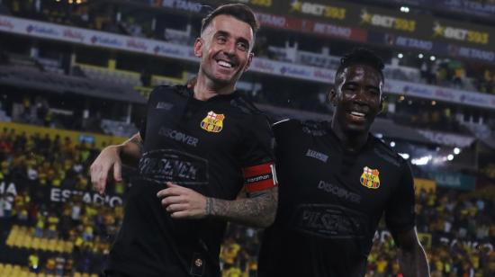 Damián Díaz celebra su gol en el partido de Barcelona ante Orense en el estadio Banco Pichincha, el 19 de mayo de 2023.