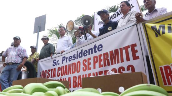 Productores bananeros realizaron un plantón para exigir la intervención del Gobierno ante la especulación interna del precio de la caja del banano, el 22 de mayo de 2023.