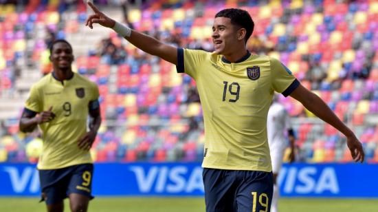 Kendry Páez celebra el gol que le convirtió a Fiji, en la victoria 9-0, el 26 de mayo de 2023, en el Mundial Sub 20. 