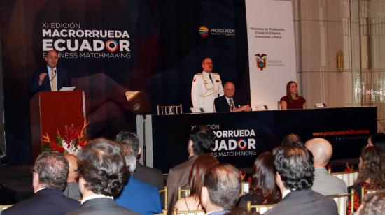 Ministro de Producción, Comercio Exterior, Inversiones y Pesca, Julo José Prado, en la inauguración de la undécima edición de la Macrorrueda de Negocios. Guayaquil, 29 de mayo de 2023. 