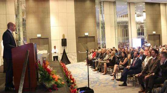 Julio José Prado, ministro de Producción, Comercio Exterior, Inversiones y Pesca, en la inauguración de la XI Macrorrueda de Negocios, el 29 de mayo de 2023, en Guayaquil. 