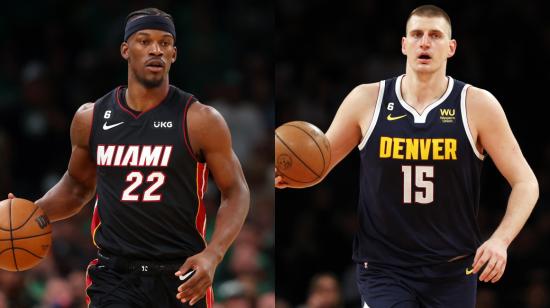 Jimmy Butler, de los Heat y Nikola Jokic, de los Denver, durante los playoffs de la NBA en 2023.