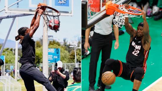 Jimmy Butler, jugando en el parque La Carolina (izq) y en las finales de la Conferencia Este de la NBA (der).