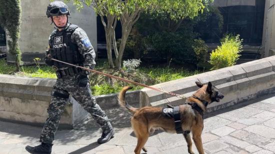 Personal antiexplosivos de la Policía en Quito, junto a un can entrenado, el 26 de junio de 2023. 