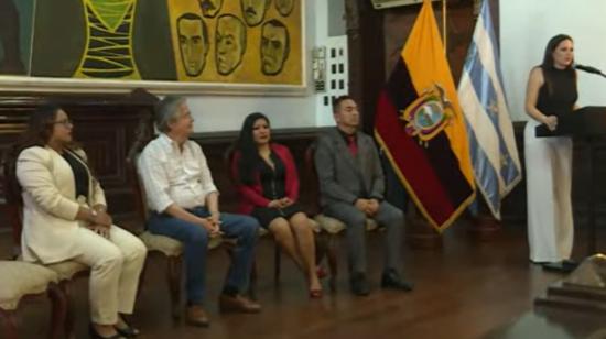 Andrea Montalvo, secretaria de Educación Superior, y el presidente Guillermo Lasso durante la presentación de la convocatoria a las becas de maestría en Ecuador, el 11 de julio.