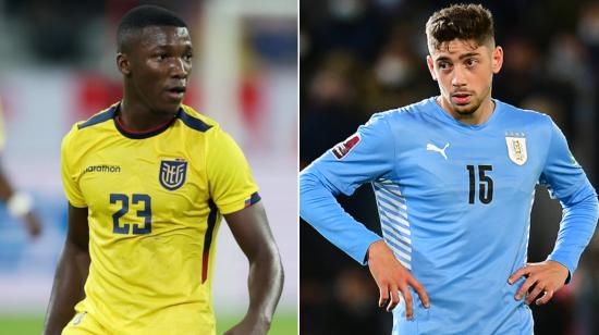 Moisés Caicedo, de la selección de Ecuador, y Federico Valverde, de Uruguay. 