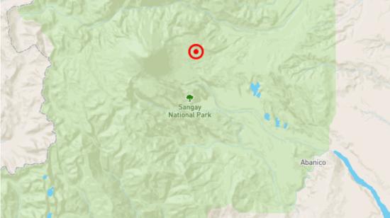 Ubicación en el mapa del sismo de magnitud 4,8, cerca del parque nacional Sangay, en Morona, el 27 de julio de 2023. 