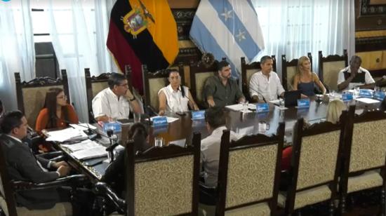 El alcalde de Guayaquil, Aquiles Alvarez, en la sesión de concejo municipal, el 3 de agosto de 2023. 