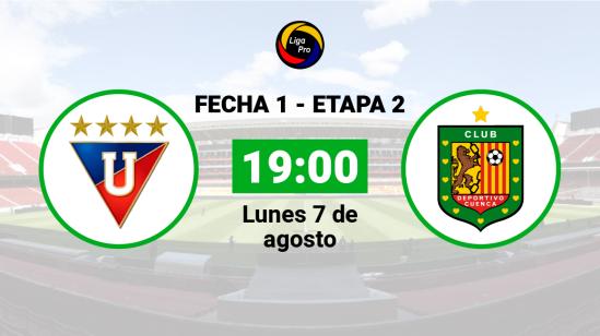 Liga de Quito se enfrenta a Deportivo Cuenca el lunes 7 de agosto desde las 19:00.