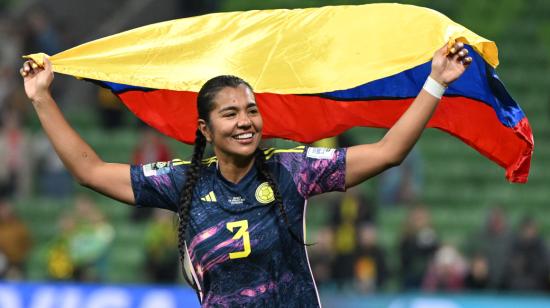 Daniela Arias, jugadora de Colombia, celebra la clasificación a cuartos de final del Mundial Femenino, el 8 de agosto de 2023.