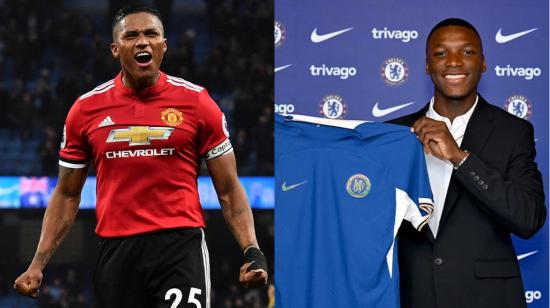 Antonio Valencia, durante un partido con el Manchester United (2018) y Moisés Caicedo, en su presentación con el Chelsea (2023).