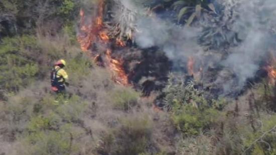 Un bombero de Quito combate el fuego en el cerro Casitagua, el 20 de agosto.