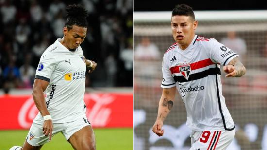 José 'Choclo' Quintero, de Liga de Quito, y James Rodríguez, de Sao Paulo.