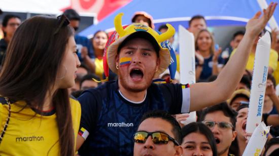 Un aficionado tricolor mira la transmisión del partido del Grupo A de la Copa Mundial 2022 entre Ecuador y Senegal en Cumbayá, el 29 de noviembre de 2022.