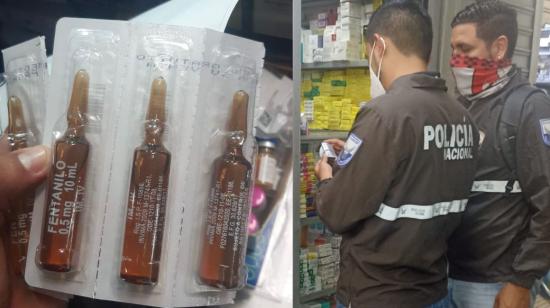 La Policía decomisó ampollas de fentanilo en un local comercial de la Bahía, en Guayaquil.
