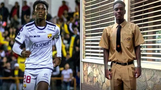 Allen Obando, con la camiseta de Barcelona y con el uniforme del Colegio Vicente Rocafuerte. 