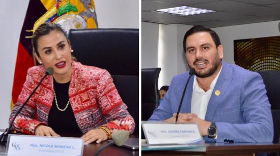 La nueva presidenta del CPCCS, Nicole Bonifaz, y el nuevo vicepresidente, Andrés Fantoni, el 10 de octubre de 2023.