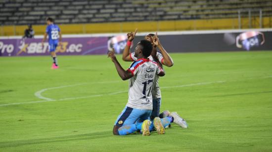 Ángelo Quiñónez, de El Nacional, celebra uno de sus goles ante Guayaquil City por la Fecha 11, el 30 de octubre de 2023.