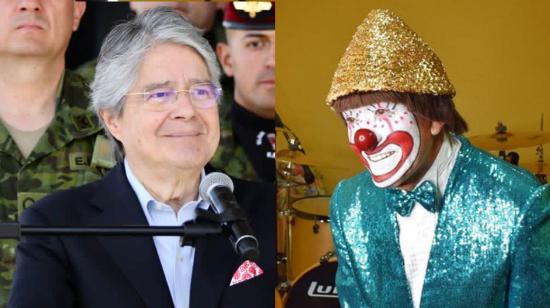 El presidente Guillermo Lasso en un evento, frente al personaje infantil Tiko Tiko.