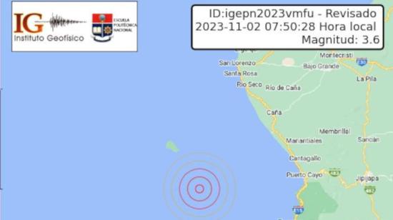 Ubicación en el mapa del sismo registrado en Puerto López, Manabí, el 2 de noviembre de 2023.