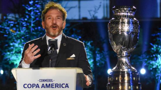 Alejandro Domínguez, presidente de la Conmebol, durante la presentación de la nueva imagen de la Copa América 2024, en Luque (Paraguay).