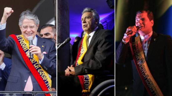 Los presidentes Guillermo Lasso en 2021, Lenín Moreno en 2017 y Rafael Correa en 2013.