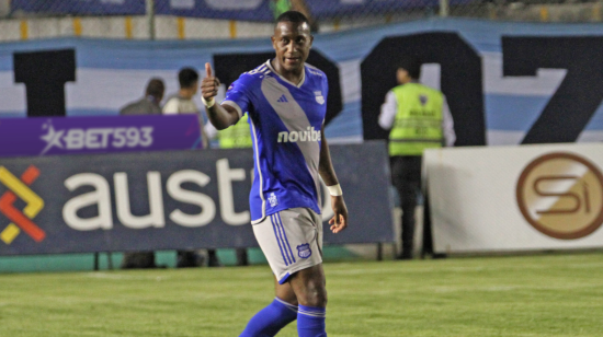 Jaime Ayoví festeja un gol con Emelec ante Gualaceo, el domingo 26 de noviembre de 2023.