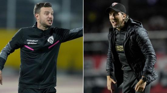 Martín Anselmi, director técnico de Independiente del Valle, y Luis Zubeldía, de Liga de Quito.