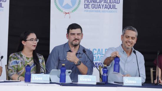 El alcalde de Guayaquil, Aquiles Alvarez, en la sesión del Concejo Cantonal, el 14 de diciembre de 2023, en Guayarte. 