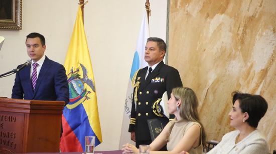 EL presidente, Daniel Noboa, en una conferencia en Cuenca el 21 de diciembre de 2023.