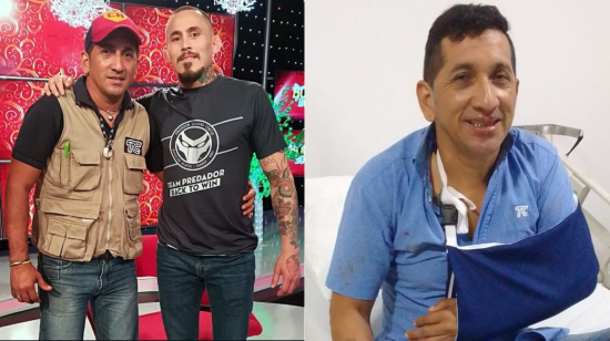 Imagen de uno de los colaboradores de TC Televisión con Chito Vera y tras ser atendido luego del ataque al canal.