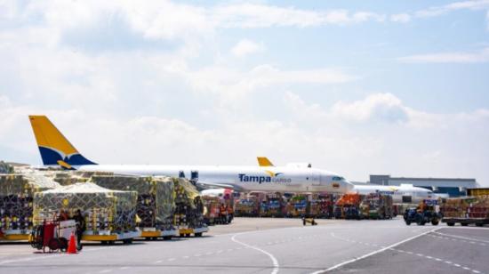 Carga de flores para la temporada de San Valentín en el Aeropuerto Internacional Mariscal Sucre de Quito, enero de 2024. 