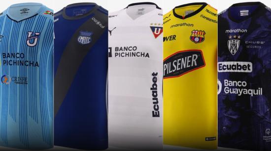 Camisetas de Universidad Católica, Emelec, Liga, Barcelona e Independiente del Valle.