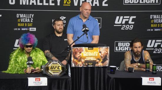 Sean O'Malley, Dana White y 'Chito' Vera, en una rueda de prensa en Miami, el 7 de marzo de 2024.