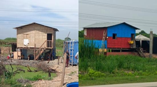 Una casa de caña en terrenos de los que se habrían apropiado Fausto Alarcón y Pablo Muentes en la vía Durán-Tambo, antes y después de una allanamiento a la vivienda por presuntos "vínculos terroristas".