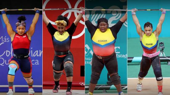 Las pesistas ecuatorianas, Neisi Dajomes, Tamara Salazar, Lisseth Ayoví y Angie Palacios durante competiciones de levantamiento de peso.