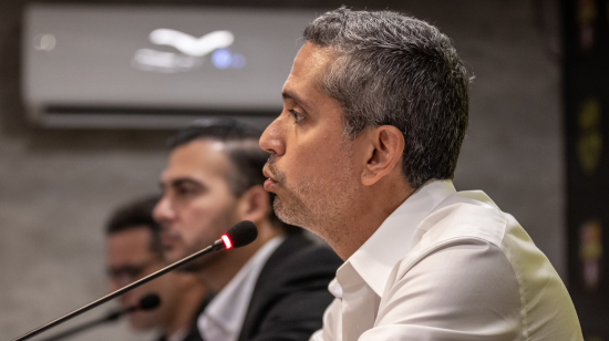 Raúl Chávez, durante una rueda de prensa en el estadio Banco Pichincha, el 21 de febrero de 2024.