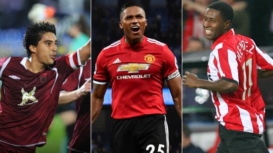 Los jugadores ecuatorianos Christian Noboa, Antonio Valencia y Édison Méndez jugando para el Rubin Kazan, Manchester United y PSV respectivamente.