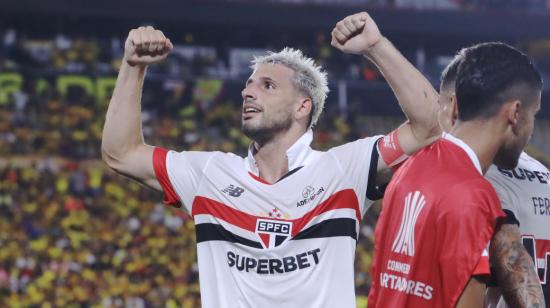 Jonathan Calleri, de Sao Paulo, festeja su gol ante Barcelona SC por Copa Libertadores, este 25 de abril de 2024.