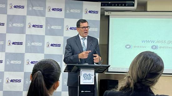 Eduardo Peña, presidente del Consejo Directivo del IESS, en la rendición de cuentas de la institución en Guayaquil, el 15 de marzo de 2024.