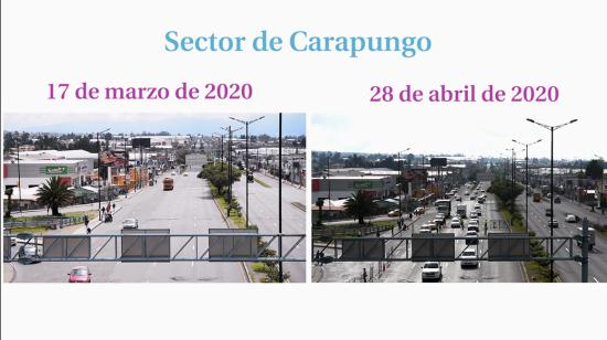 Foto comparativa del sector de Carapungo en Quito. Muestra mayor afluencia vehicular pese a la restricción vigente. 30/04/2020