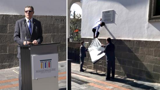 Una placa con los nombres de los sentenciados en el caso Sobornos se colocó en el Palacio de Carondelet, 21 de diciembre de 2020. 
(Izq.) Íñigo Salvador Procurador General del Estado.