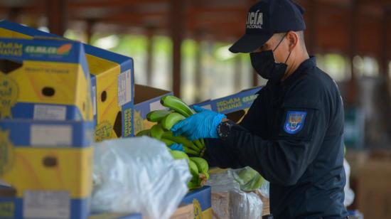 Un agente de policía revisa un cargamento de bananas en el puerto de Guayaquil, el 12 de abril de 2022.