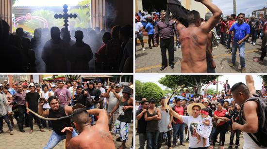 Personas católicas participan en la danza denominada "Chinegro", que consiste en golpearse con espadas hechas con penes de toro estirados y secos, durante las celebraciones en honor a San Juan Bautista en San Juan de Oriente, Nicaragua, el 24 de junio de 2023.