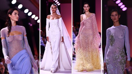 Modelos presentan vestidos durante la Semana de la Moda de Alta Costura Femenina Otoño/Invierno 2023/2024 en París el 3 de julio de 2023.