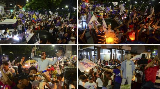 Los partidarios del candidato presidencial de Ecuador por el Partido Acción Democrática Nacional, Daniel Noboa, celebran después de conocer los primeros resultados de la segunda vuelta presidencial en Guayaquil, Ecuador, el 15 de octubre de 2023. 