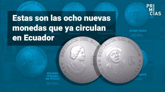 Monedas de 50, 25, 10, 5 y 1 centavo de dólar.