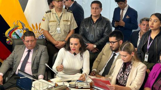 Durante gran parte de la comparecencia la ministra de Ambiente, Sade Fritschi, se apoyó en sus viceministros, lo que molestó a varios legisladores. Quito, 9 de mayo de 2024.