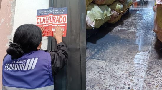 Una funcionaria de la Arcsa coloca un sello de clausura en una fábrica de snacks en Cuenca, el 15 de mayo de 2024.